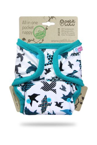 Turquoise Birds - All In One Pocketwindel - Druckies