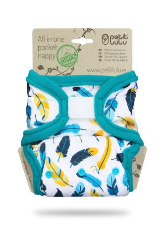 Turquoise Feathers - Pocket Nappy (Hook & Loop)